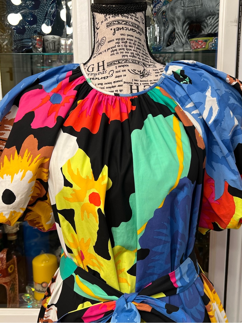 Vibrant Multicolor Floral Hi-Low Dress with Puff Sleeves L - Picture 2 of 15
